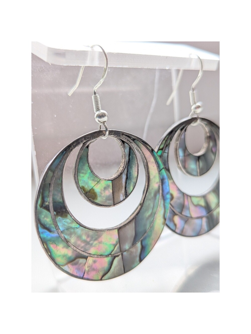 Vintage Mexico Irridesent Abalone Inlay Sterling Silver 925 Dangle Earrings